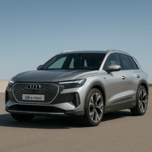 Audi Q6 e-tron elbil i sølv – kompakt SUV med rummelig kabine til fleksibel leasing hos LeasingBird med hurtig levering.