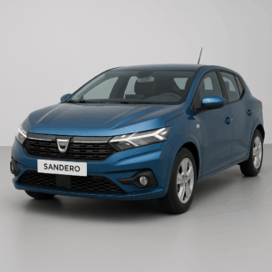 Blå Dacia Sandero – brændstofeffektiv kompakt bil med rummelig kabine til fleksibel leasing og hurtig levering.