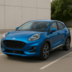 Blå Ford Puma hybridbil – kompakt SUV, brændstofeffektiv, enkel og fleksibel leasing med hurtig levering hos LeasingBird