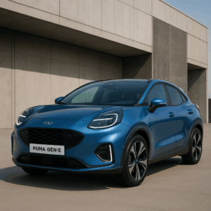Blå Ford Puma Gen-E hybridbil – kompakt SUV til fleksibel leasing hos LeasingBird med enkelhed og hurtig levering.