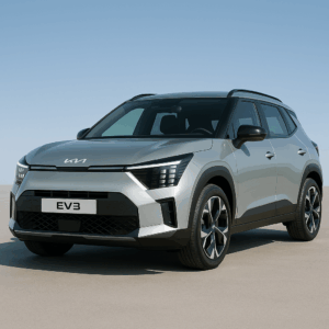 Kia EV3 elbil i grå – kompakt SUV med rummelig kabine og effektiv køreoplevelse til hurtig, fleksibel leasing hos LeasingBird.