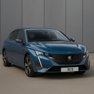 Peugeot 308 hybridbil i blå – kompakt, brændstofeffektiv og rummelig SUV til fleksibel leasing med hurtig levering.