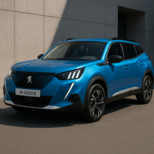 Blå Peugeot E-2008 elbil – kompakt SUV, rummelig, effektiv eldrift, fleksibel leasing hos LeasingBird med hurtig levering