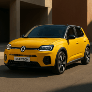 Renault R5 E-Tech gul – kompakt hybridbil med brændstofeffektiv e-teknologi, enkel og fleksibel leasing med hurtig levering.