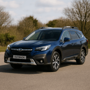 Blå Subaru Outback hybridbil – rummelig kompakt SUV, brændstofeffektiv, til fleksibel leasing med hurtig levering.