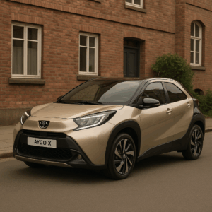 Toyota Aygo X hybridbil i gylden – kompakt SUV til fleksibel leasing hos LeasingBird, brændstofeffektiv, hurtig levering.
