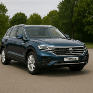 Volkswagen Touareg hybridbil i blå – rummelig SUV til fleksibel leasing med enkel og hurtig levering hos LeasingBird.