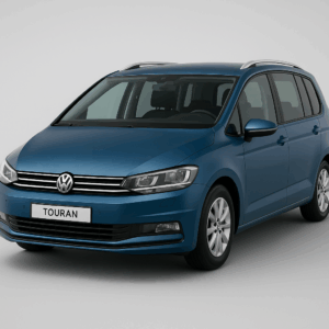 Blå Volkswagen Touran hybridbil – stor kompakt SUV, brændstofeffektiv til enkel, hurtig og fleksibel leasing hos LeasingBird.